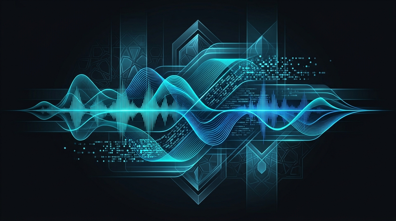 An abstract editorial illustration featuring glowing cyan and electric-blue audio waveforms and Gulf-inspired geometric patterns on a black background, symbolizing advanced Arabic voice AI technology.
