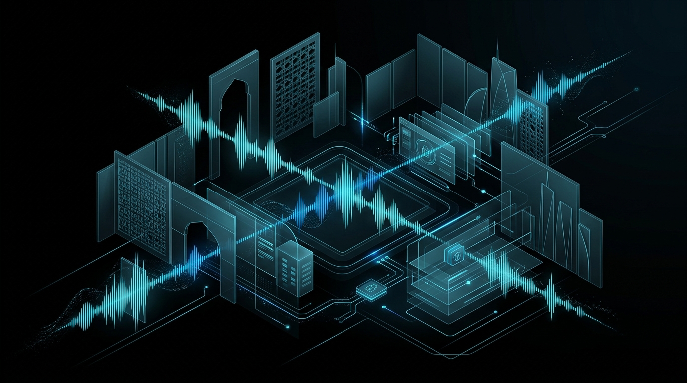 An abstract editorial illustration with a black background, cyan and electric-blue audio waveforms, and minimalist Gulf architectural patterns.