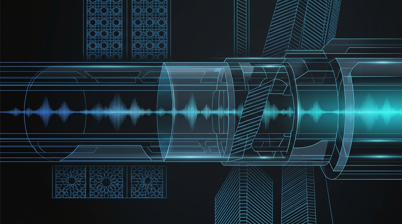 Abstract editorial illustration of electric blue soundwaves and geometric Gulf patterns on a black background.