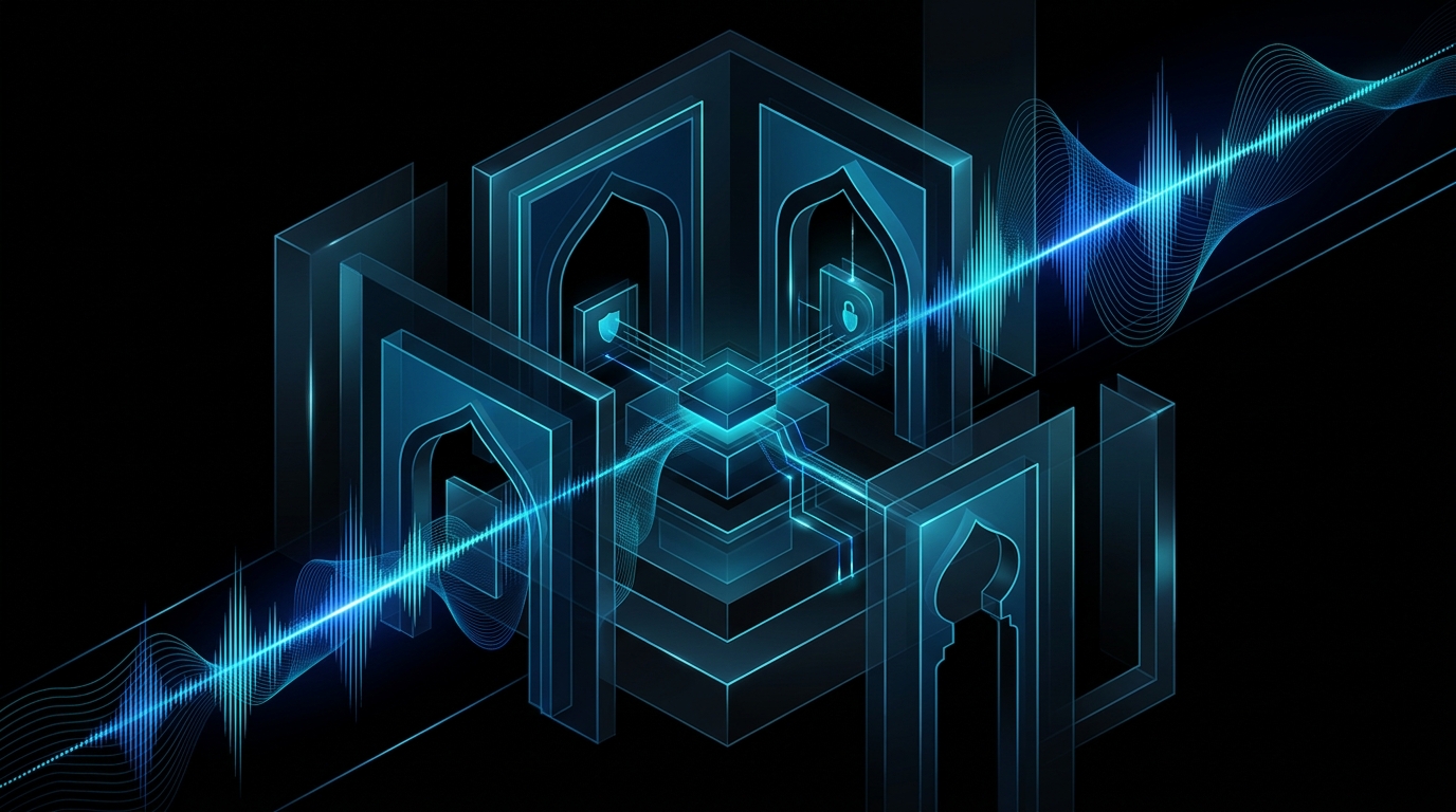An abstract digital illustration featuring glowing cyan and electric-blue audio waveforms weaving through subtle geometric patterns inspired by modern Gulf architecture, set against a deep black background.