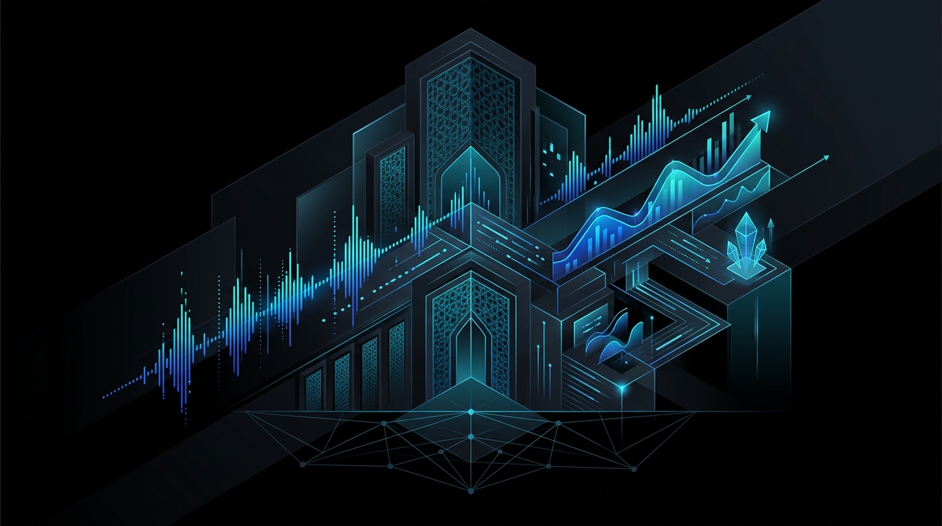 An abstract editorial illustration featuring cyan and electric-blue audio waveforms overlaying subtle geometric patterns inspired by modern Gulf architecture on a solid black background.