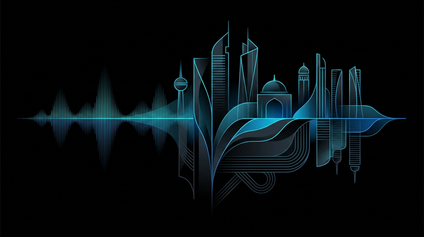 Abstract healthcare voice waveform protected by governance layers in a cyan and black GCC technology illustration