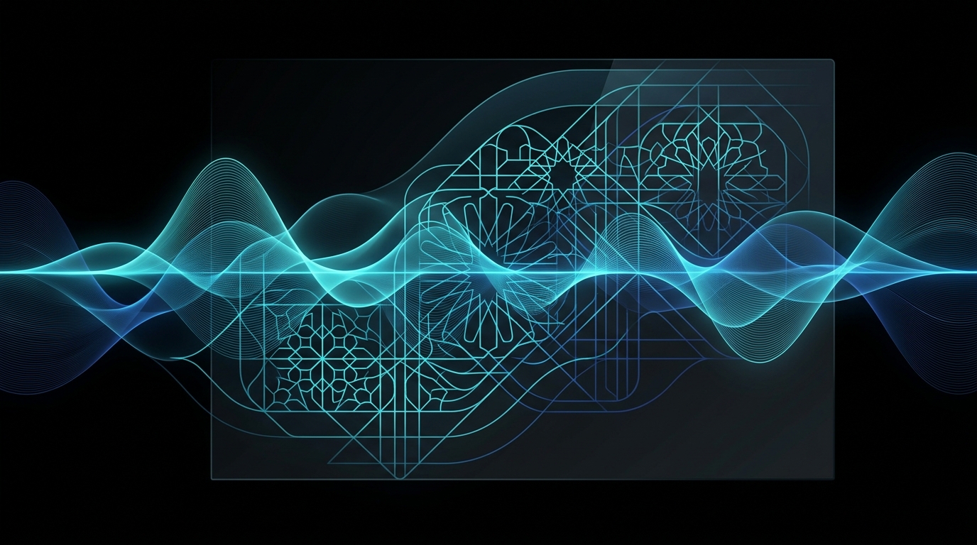 An abstract editorial illustration featuring glowing cyan and electric-blue audio waveforms woven into minimalist Gulf architectural geometric patterns on a black background.