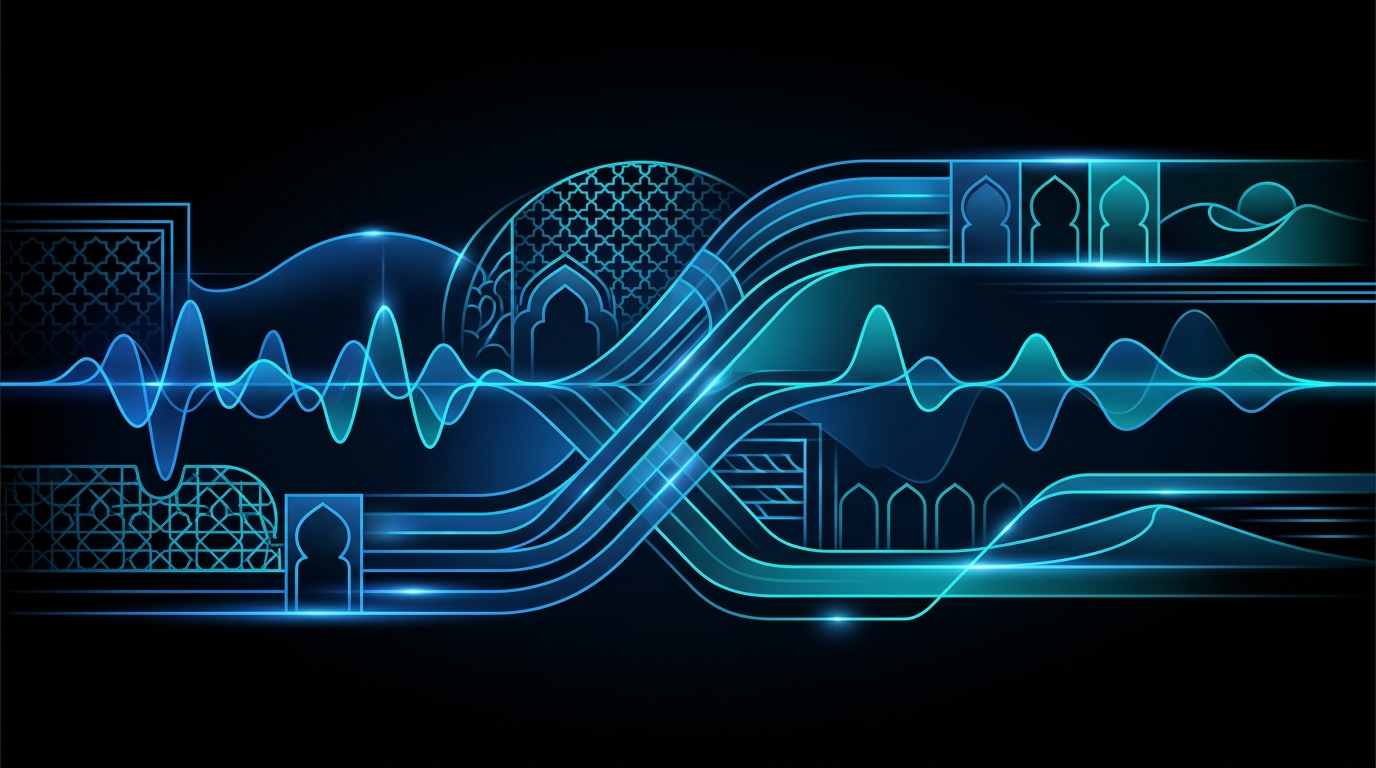 Abstract electric-blue audio waveforms overlapping with cyan Gulf geometric patterns against a dark black background, representing voice AI dialogue processing.