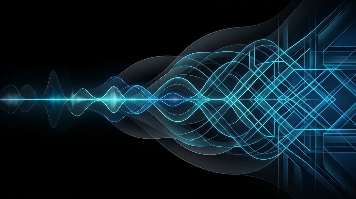 An abstract editorial illustration featuring glowing cyan and electric-blue audio waveforms blending into subtle geometric Gulf architectural patterns on a black background.