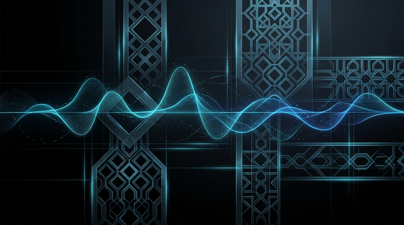 An abstract digital illustration featuring glowing cyan and electric-blue audio waveforms weaving through minimalist Gulf-inspired geometric patterns on a black background.