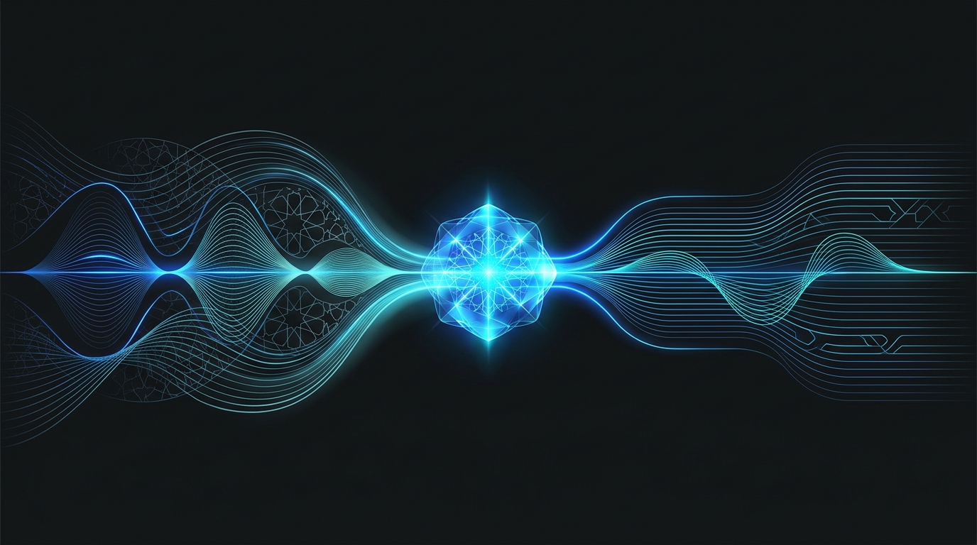 Abstract illustration featuring electric blue audio waveforms intersecting with traditional Gulf architectural geometry on a dark background.