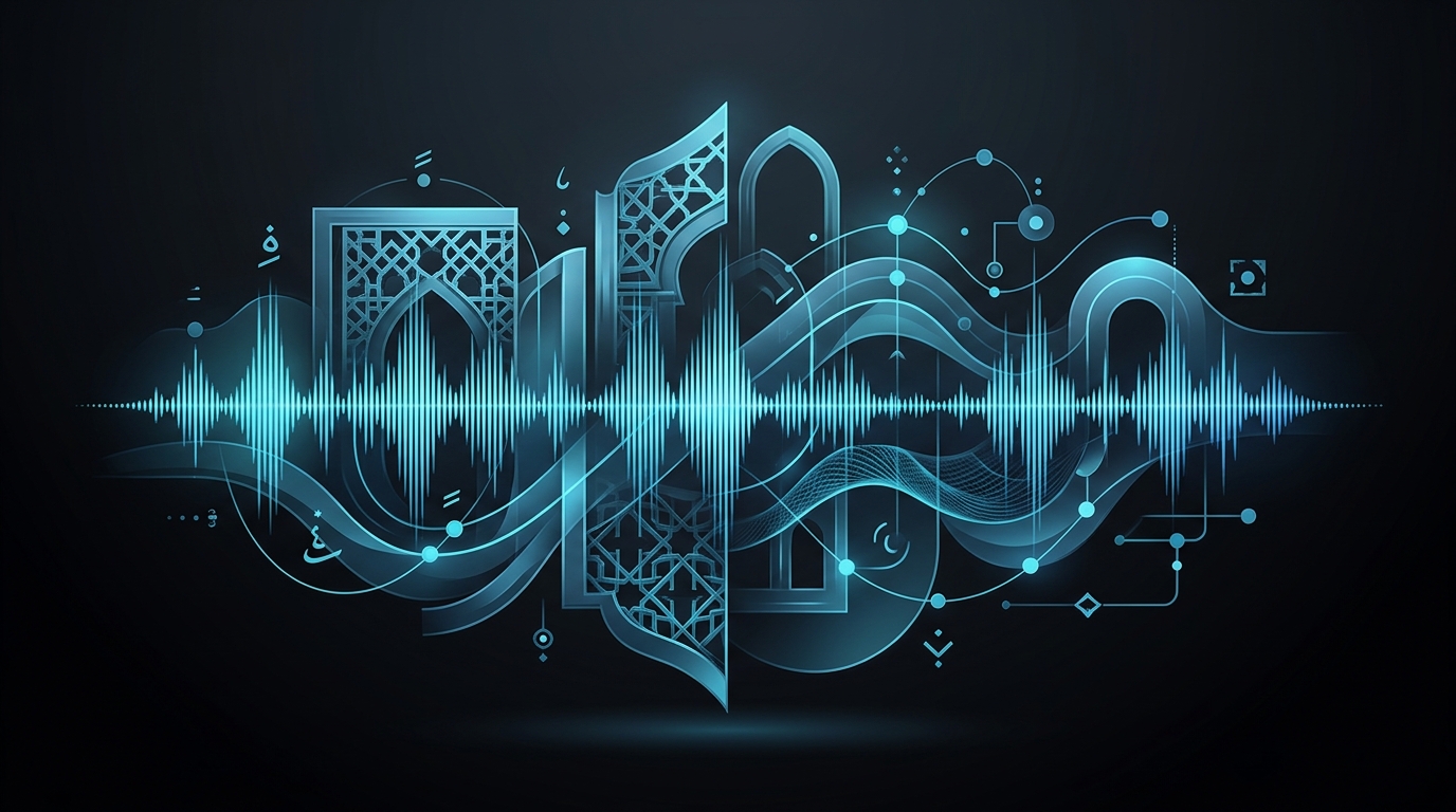 An abstract editorial illustration featuring a dark background with glowing cyan and electric-blue audio waveforms weaving through geometric patterns inspired by modern Gulf architecture.