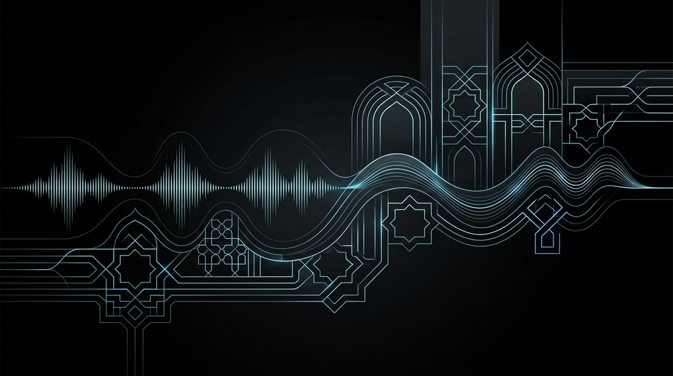 Abstract cyan and electric-blue audio waveforms blending with minimalist Gulf architectural geometry on a dark black background.
