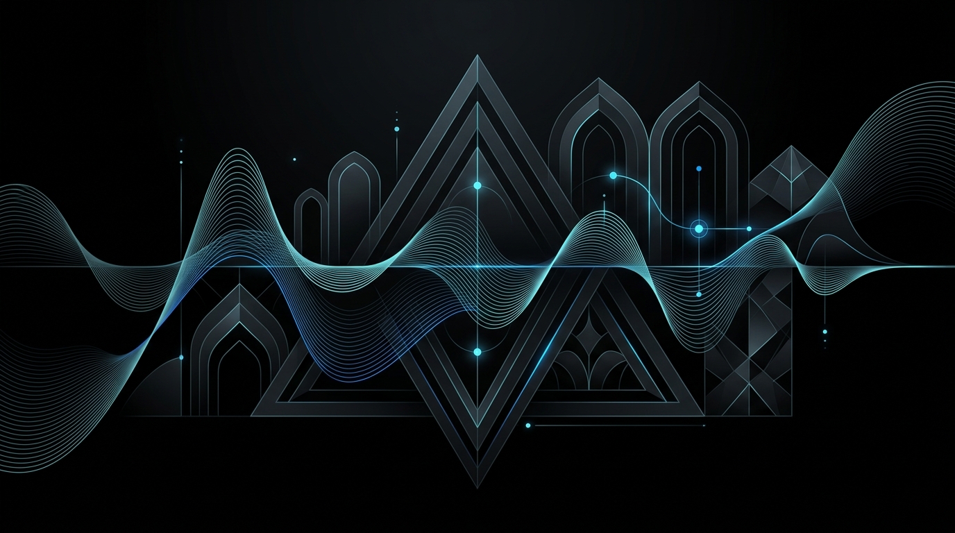 An abstract editorial illustration featuring cyan and electric-blue audio waveforms weaving through minimalist Gulf architectural geometry on a black background.