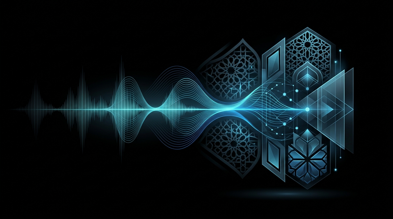 An abstract editorial illustration featuring glowing cyan and electric-blue audio waveforms forming geometric patterns against a dark background.