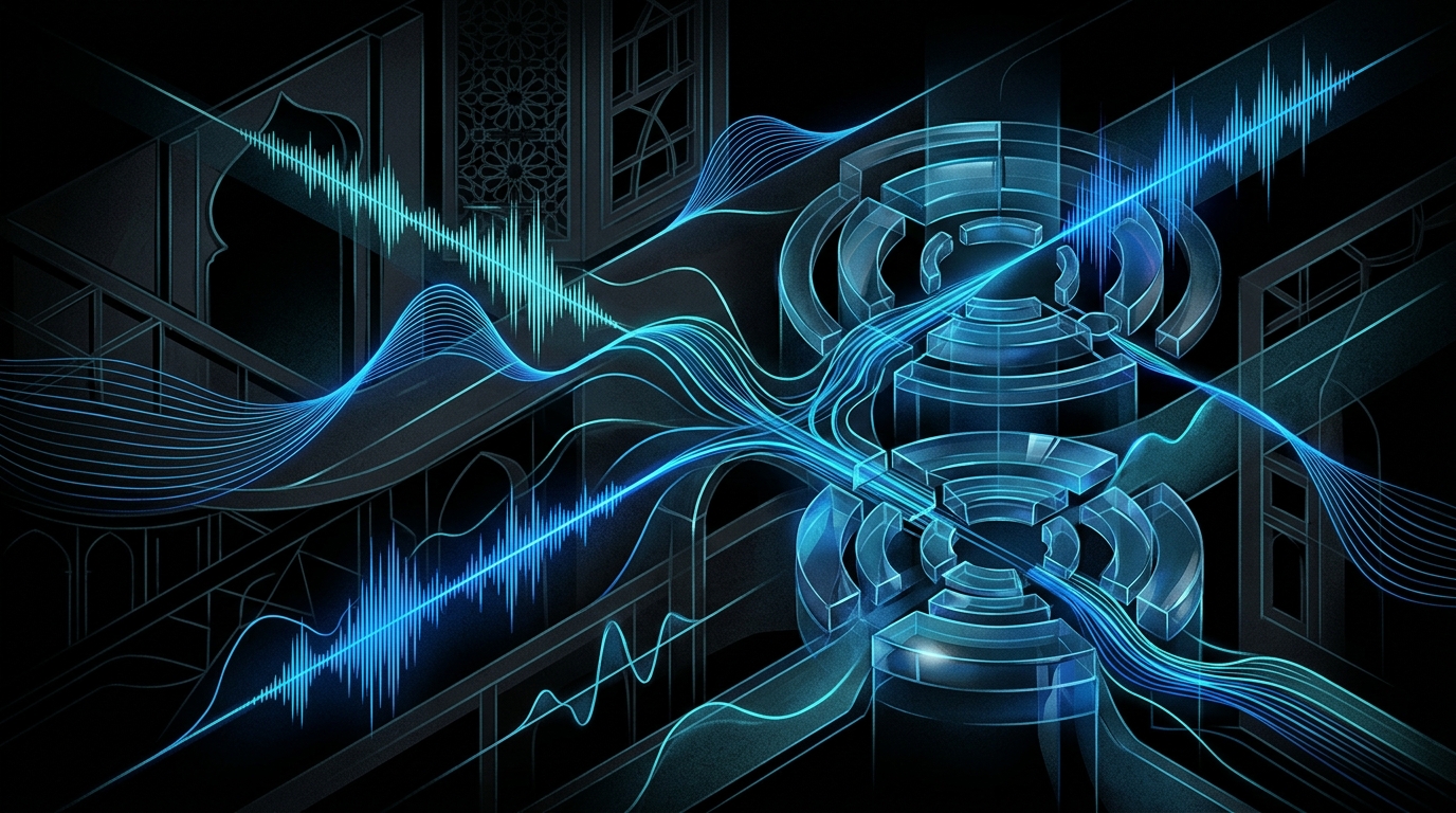 A premium editorial illustration featuring a dark background with glowing cyan and electric-blue abstract audio waveforms intertwined with subtle geometric patterns inspired by modern Gulf architecture.