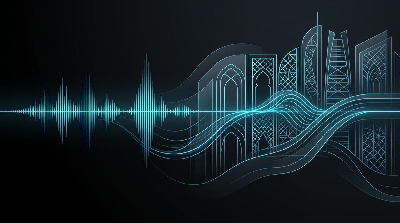 An abstract digital illustration featuring glowing cyan audio waveforms blending into elegant, modern Gulf architectural geometry against a dark background.