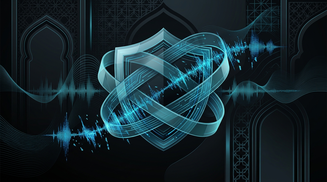 An abstract editorial illustration featuring cyan and electric-blue audio waveforms overlaying subtle geometric patterns inspired by Gulf architecture on a dark background.