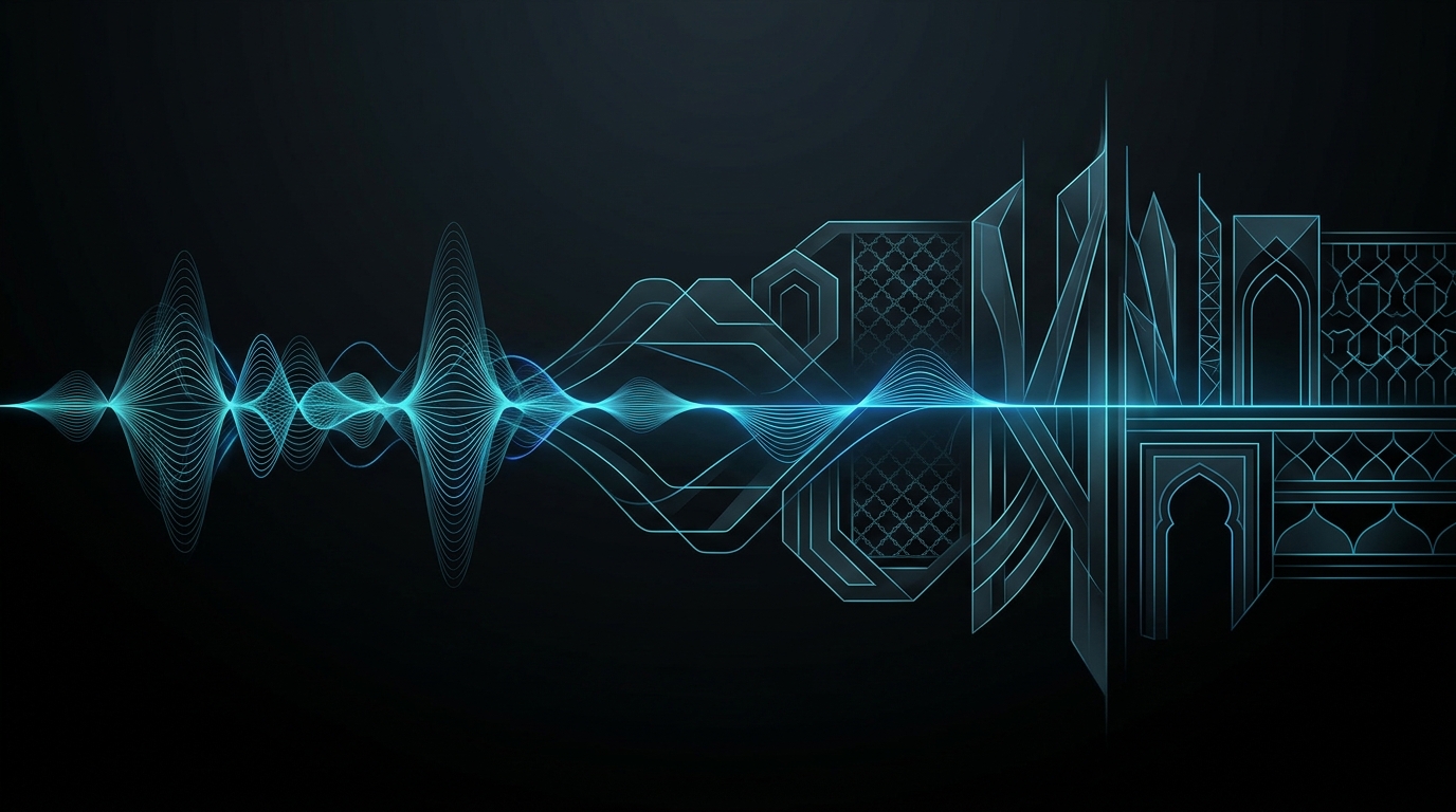 An abstract digital illustration featuring glowing cyan and electric-blue audio waveforms forming geometric patterns against a dark black background, representing advanced speech technology in the Gulf region.