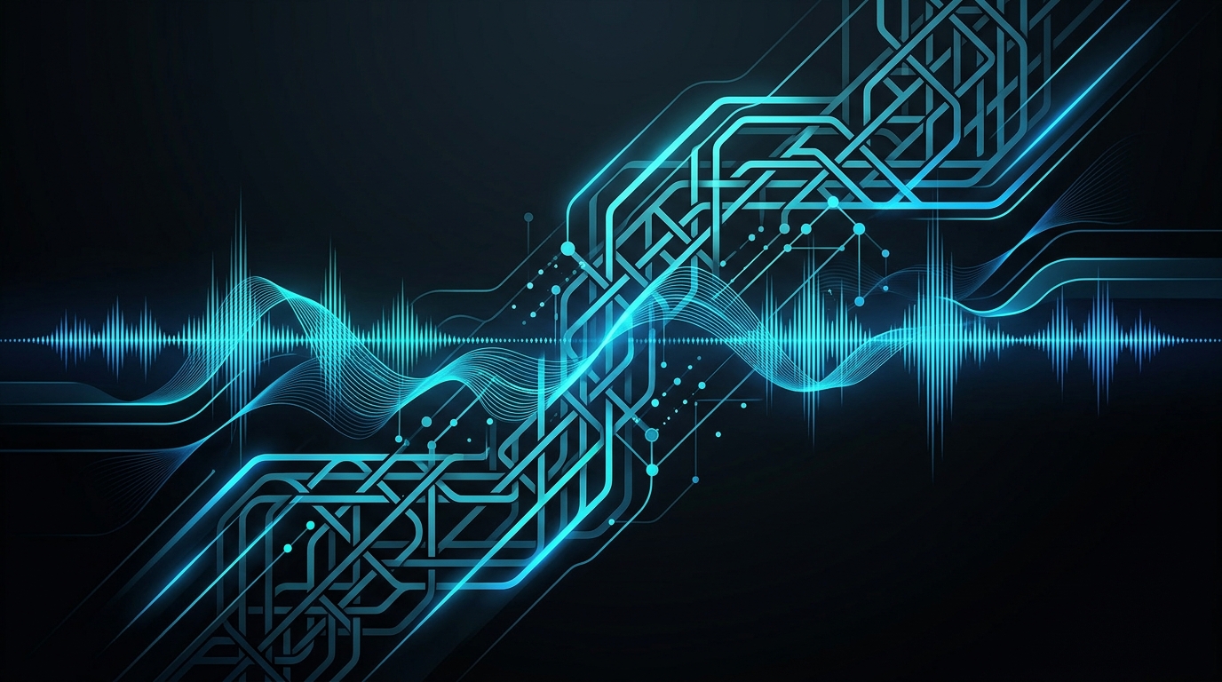 A modern editorial illustration depicting cyan audio waveforms intersecting with geometric Gulf architectural lines on a dark background.