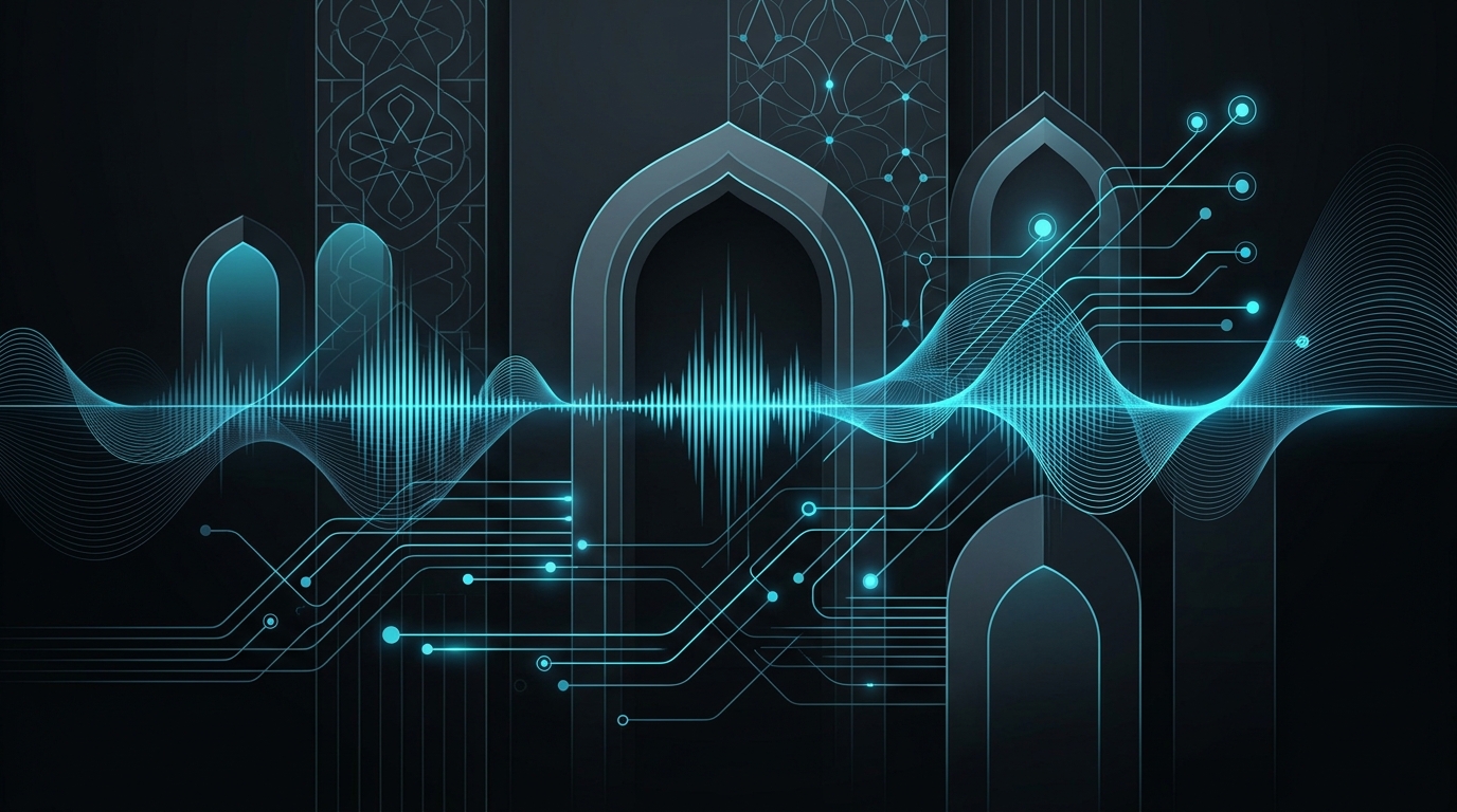An abstract editorial illustration featuring glowing cyan and electric-blue audio waveforms integrated with subtle Gulf architectural geometry on a black background.
