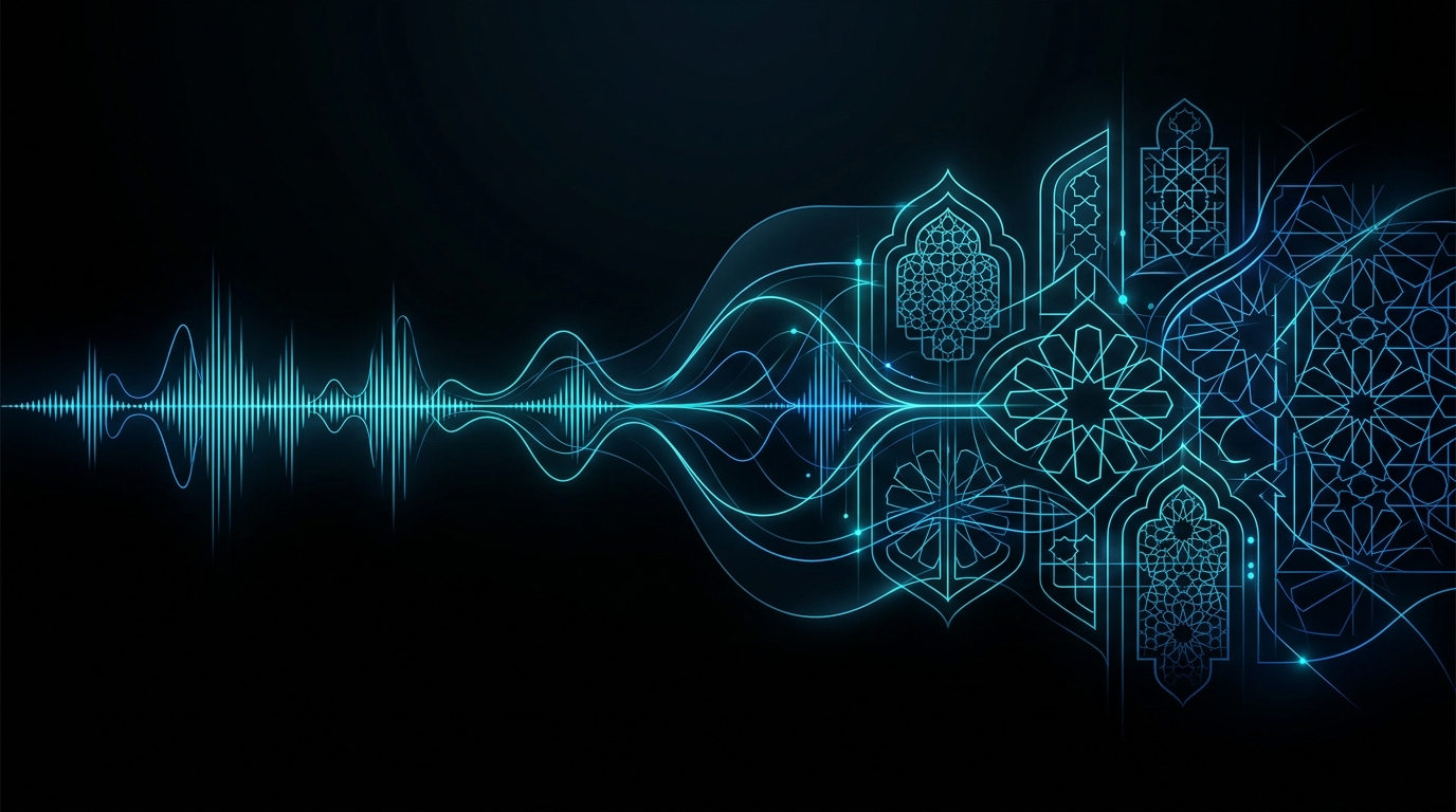 An abstract editorial illustration featuring glowing cyan and electric-blue audio waveforms forming geometric Gulf patterns on a black background, representing advanced Arabic voice AI engineering.