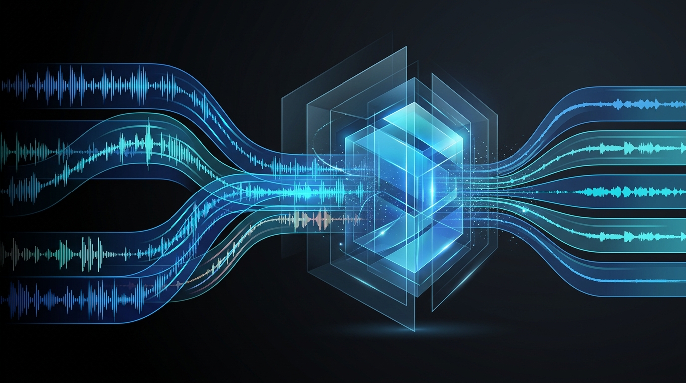 An abstract editorial illustration featuring a dark background with glowing cyan and electric-blue audio waveforms weaving through subtle geometric patterns inspired by Gulf architecture.