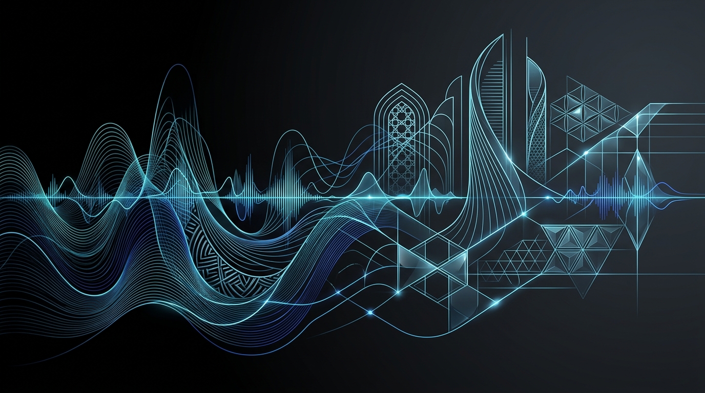 An abstract editorial illustration featuring glowing cyan and electric-blue audio waveforms blending with minimalist Gulf architectural geometry on a black background.