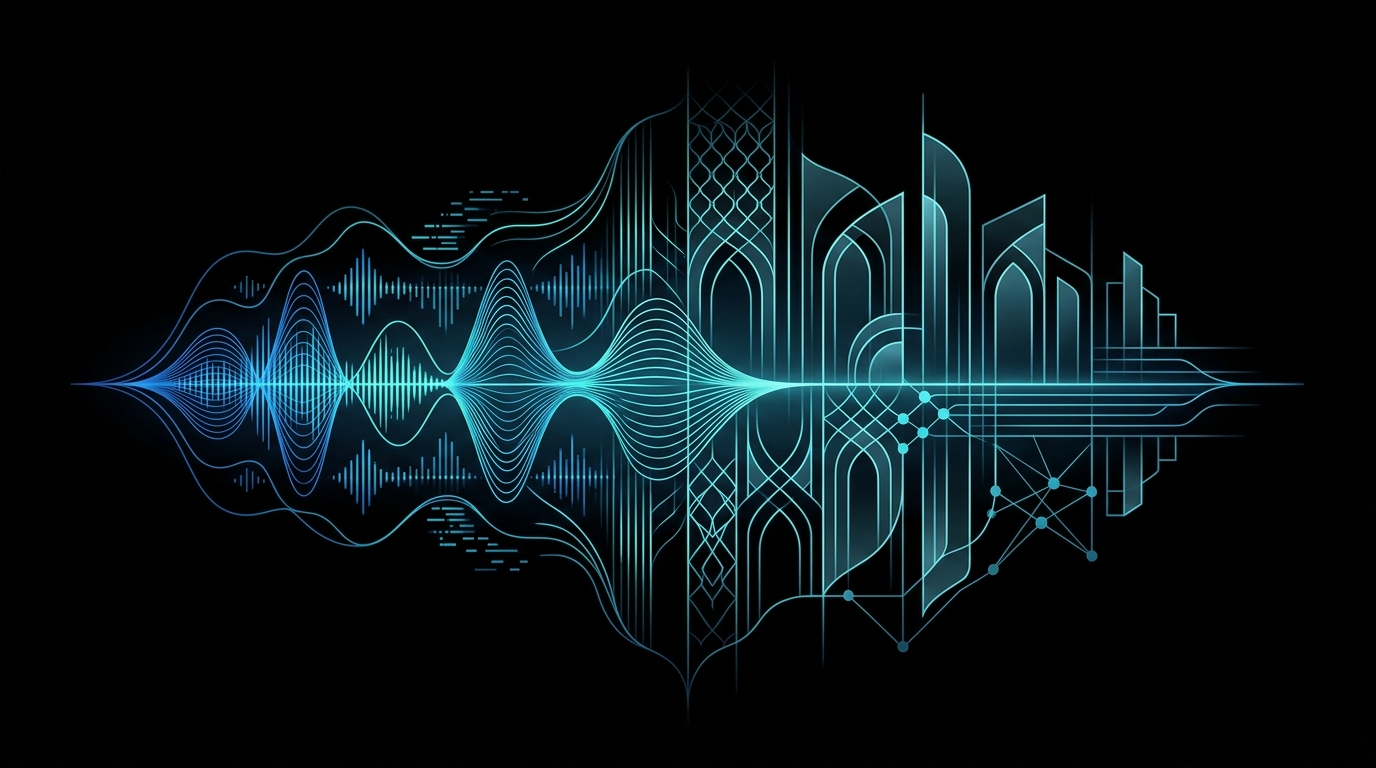 An abstract editorial illustration featuring glowing cyan and electric-blue audio waveforms integrated with minimalist geometric patterns inspired by modern Gulf architecture against a solid black background.