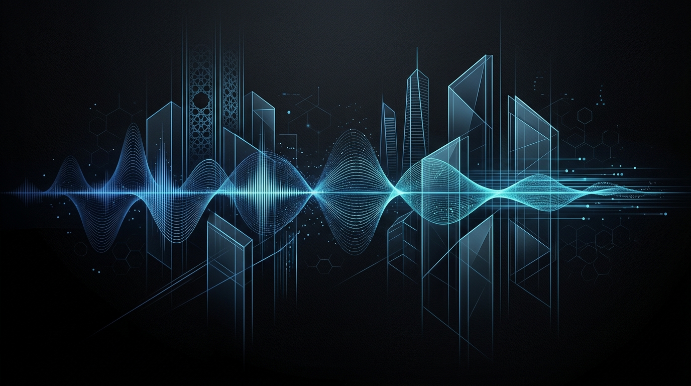 An abstract digital illustration featuring glowing cyan and electric-blue audio waveforms weaving through minimalist, modern Gulf architectural geometries on a dark background.