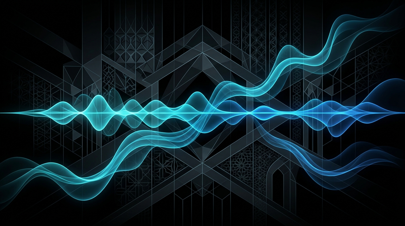 An abstract, premium editorial illustration featuring glowing cyan and electric-blue audio waveforms intertwined with minimalist Gulf architectural geometry on a black background.