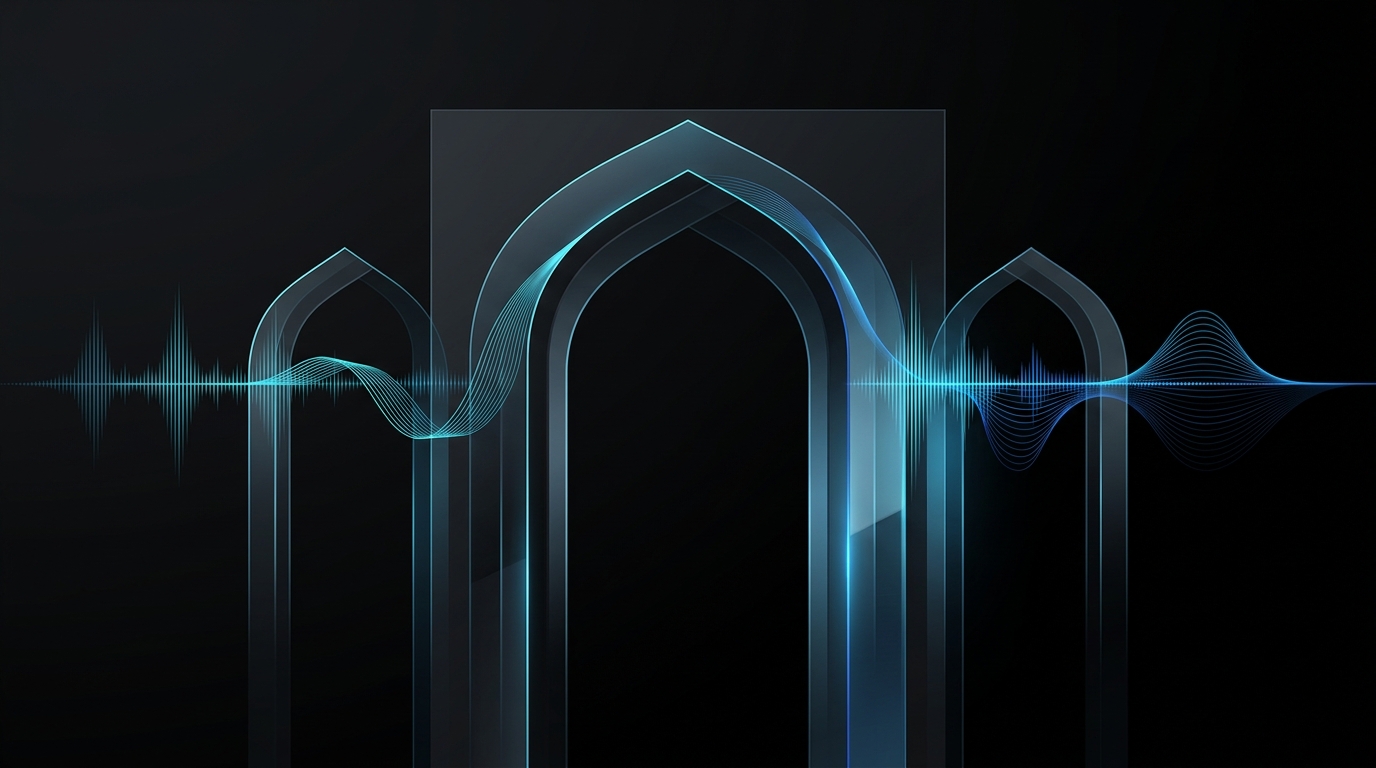 An abstract editorial illustration featuring glowing cyan and electric-blue audio waveforms tracing minimalist Gulf architectural arches against a black background.