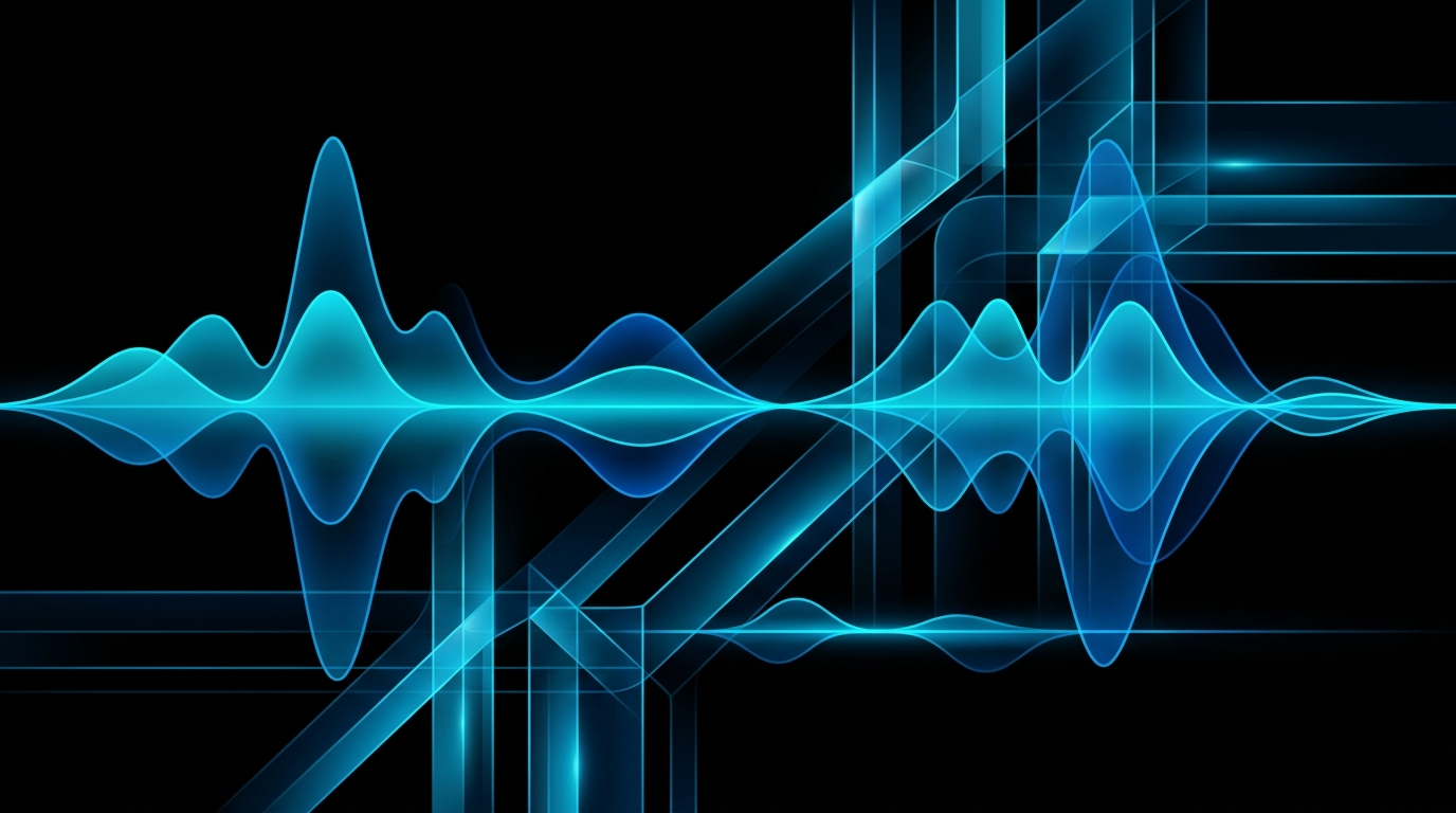 An abstract digital illustration featuring glowing cyan and electric-blue audio waveforms overlapping with subtle, minimalist geometric patterns inspired by modern Gulf architecture on a black background.