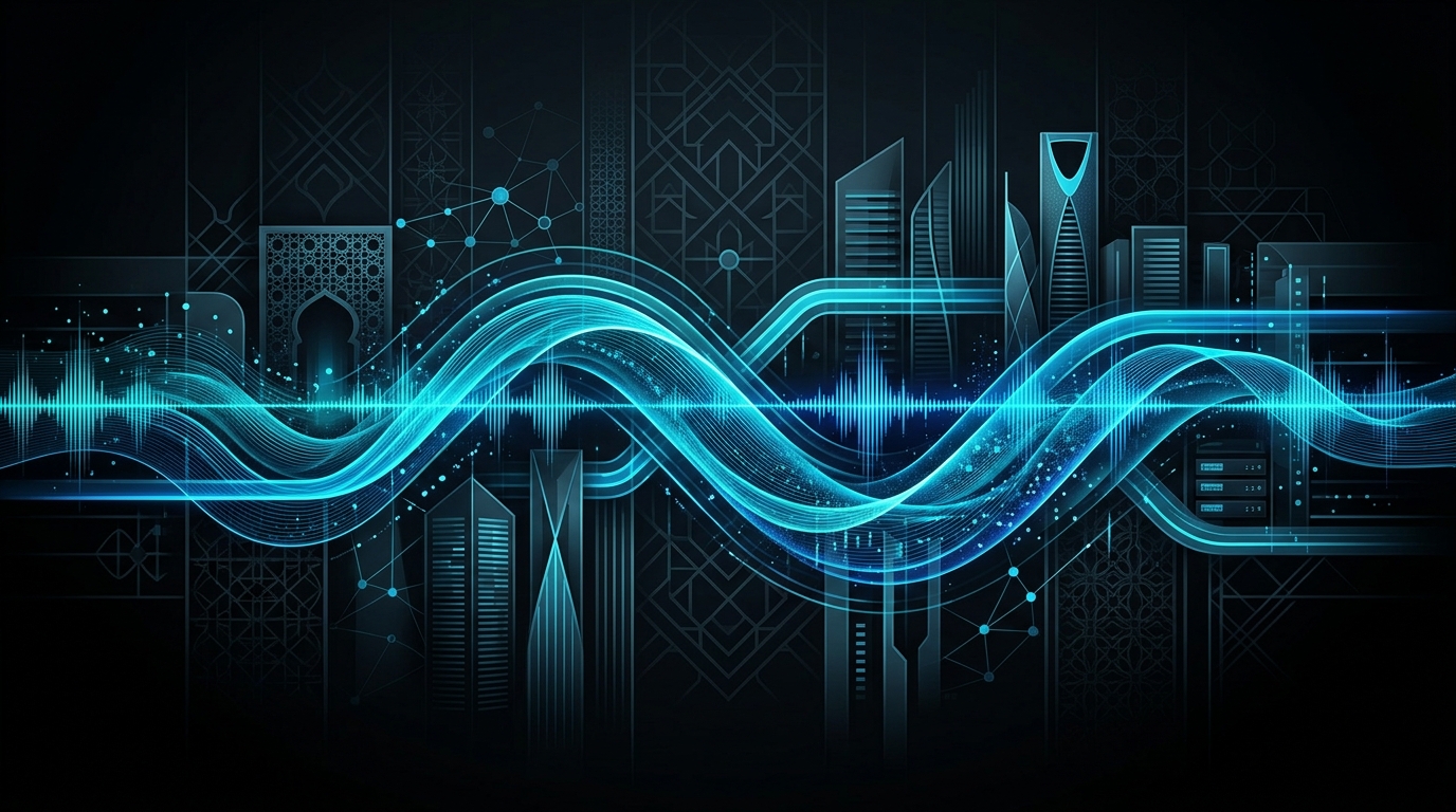An abstract digital illustration featuring glowing cyan and electric-blue audio waveforms set against a dark background with subtle Gulf-inspired geometric patterns, symbolizing a highly resilient and continuous voice AI pipeline.