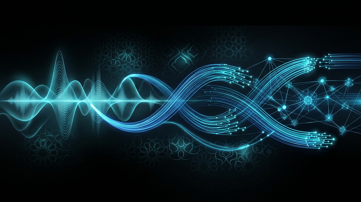 An abstract editorial illustration featuring cyan and electric-blue audio waveforms transforming into digital network nodes on a black background with subtle Gulf architectural patterns.
