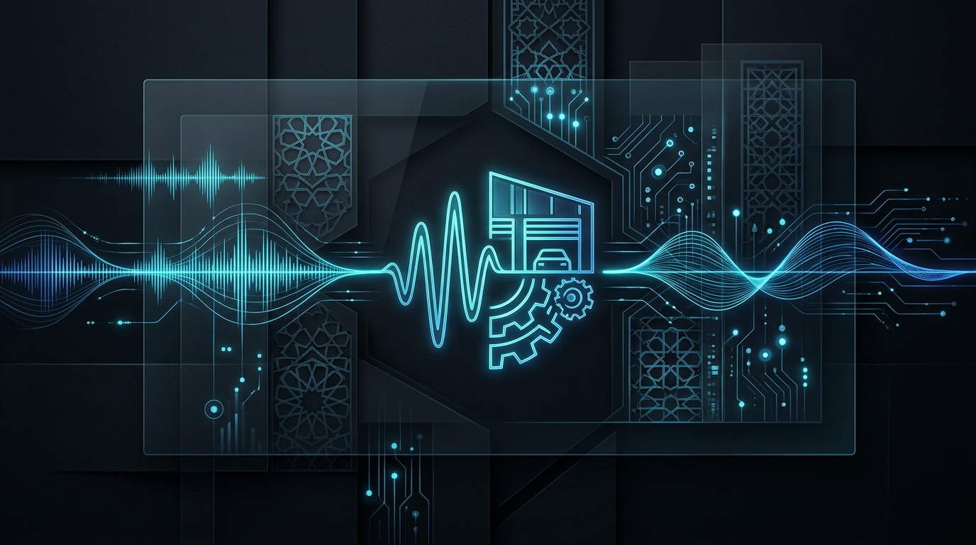 Abstract high-tech illustration with glowing blue waveforms and geometric patterns on a dark background.