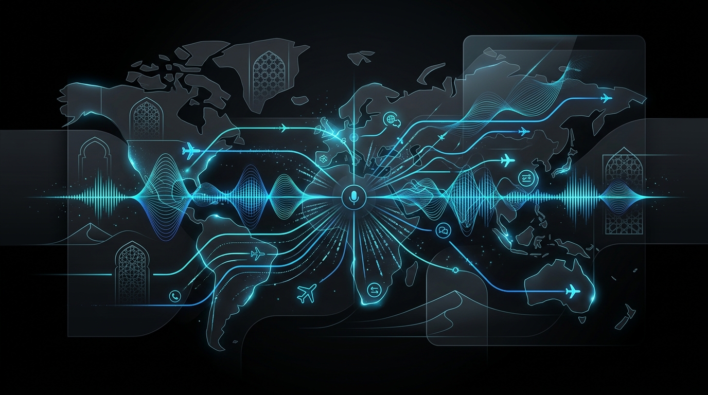 Abstract digital illustration featuring glowing cyan and electric-blue audio waveforms shaped like flight paths against a dark background with subtle geometric patterns inspired by Gulf architecture.