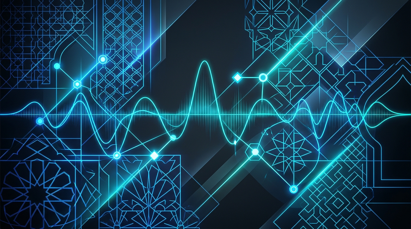 Abstract high-tech graphic illustrating digital voice audio waves intersecting with geometric architectural lines on a dark background.