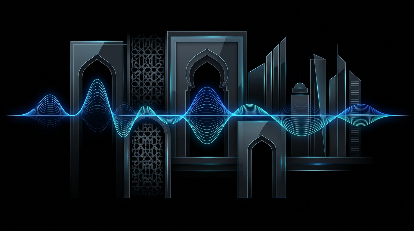 An abstract digital illustration featuring glowing cyan and electric-blue waveforms intertwined with minimalist Gulf-inspired geometric patterns on a black background.