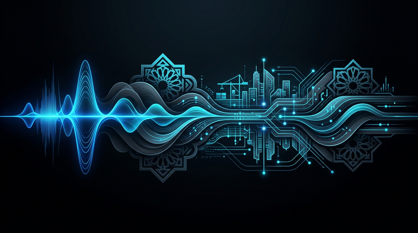 An abstract digital illustration featuring cyan and electric-blue audio waveforms blending with geometric Gulf patterns and mapping coordinates on a dark background.