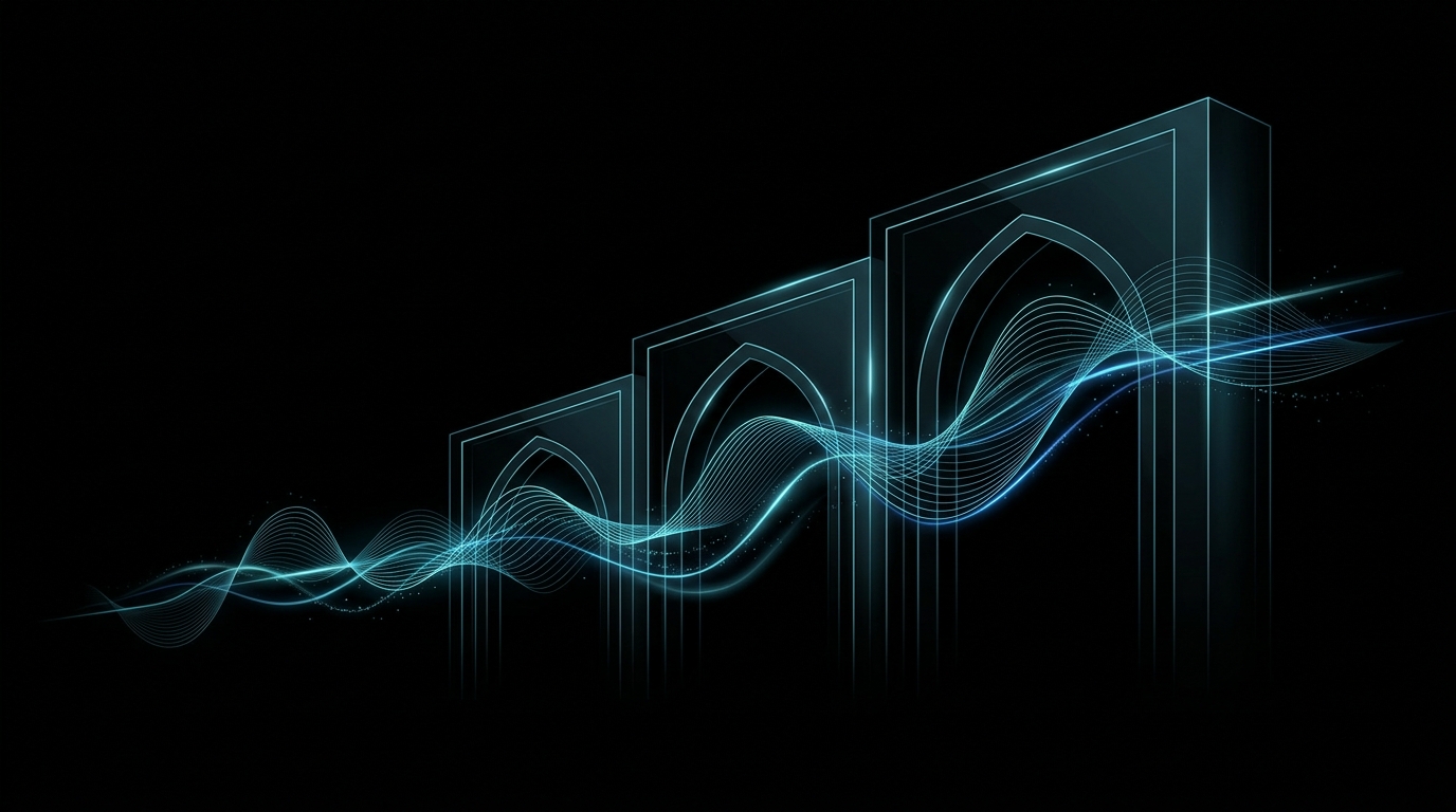 An abstract editorial illustration featuring glowing cyan and electric-blue audio waveforms tracing the geometric lines of modern Gulf architecture against a black background.