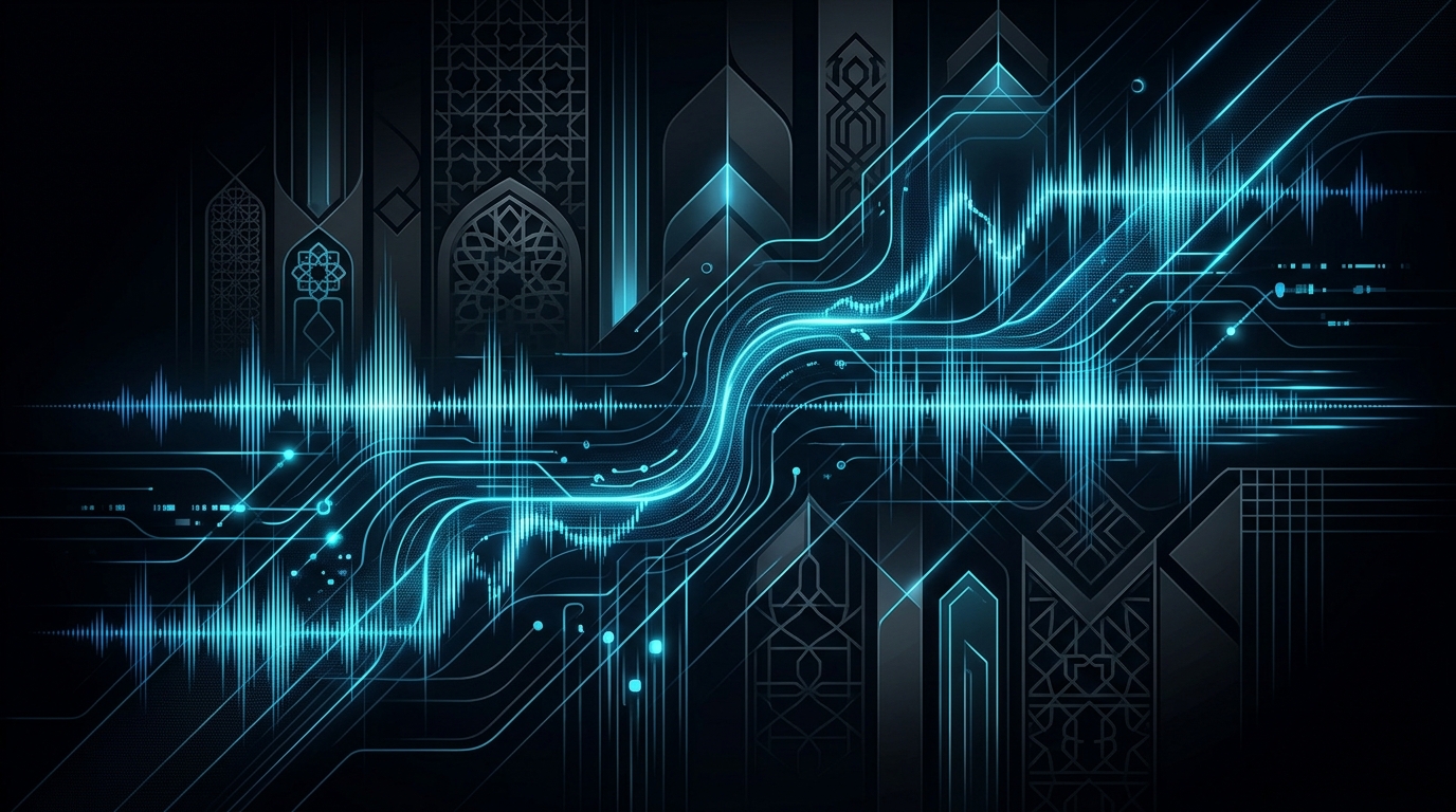An abstract digital illustration featuring glowing cyan and electric-blue audio waveforms against a dark background with subtle Gulf-inspired geometric patterns.