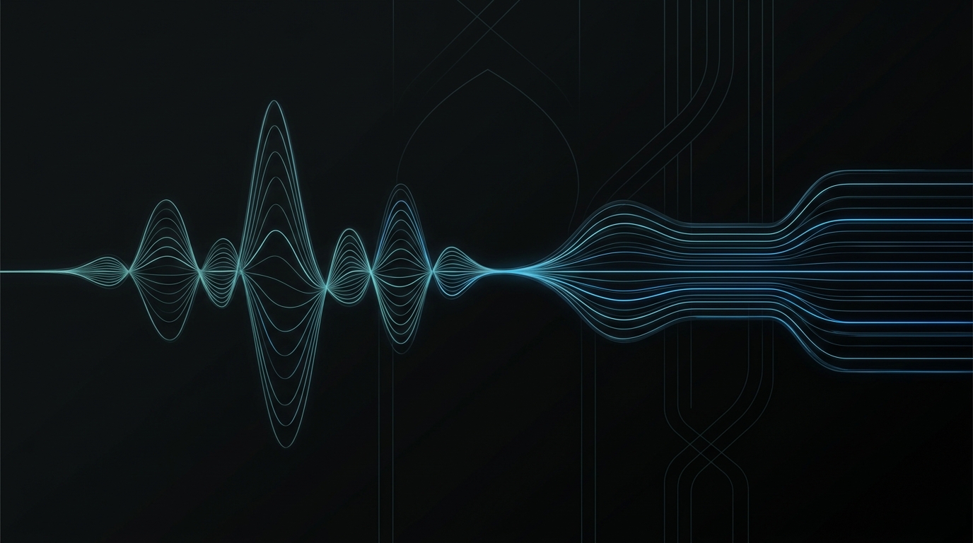 An abstract editorial illustration showing glowing cyan audio waveforms transforming into digital data streams against a black background with subtle Gulf architectural geometry.